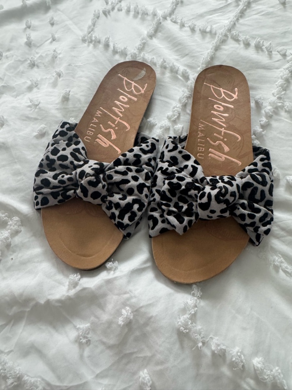Blowfish Leopard Print Bow Slide Sandals in Black and White
